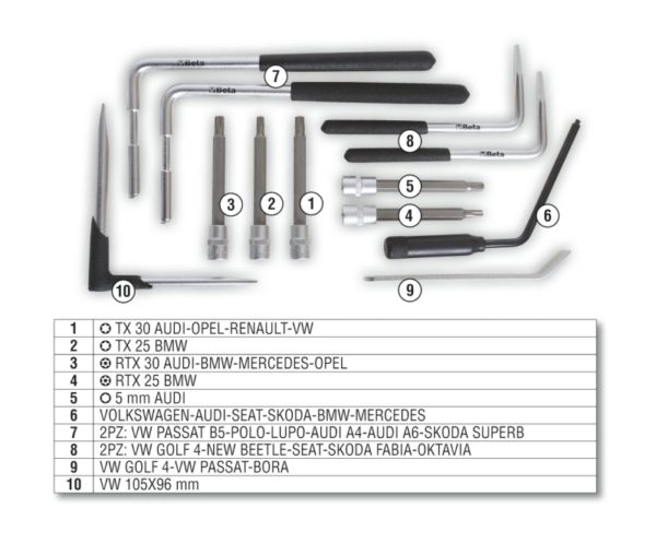 Beta Tools Assortment case of 12 tools for removing vehicle, car air bags