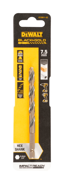 DeWalt 7.5mm Black and Gold Hex Drill Bit