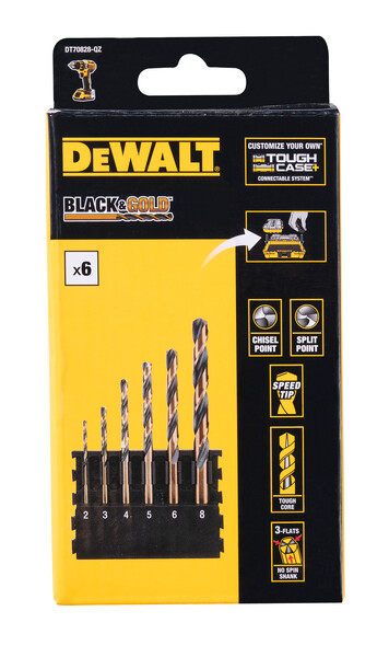 DeWalt 6pc Bit Bar + Black & Gold Round Shank Drill Bits 2-8mm 2mm 3mm 4mm 5mm 6mm 8mm