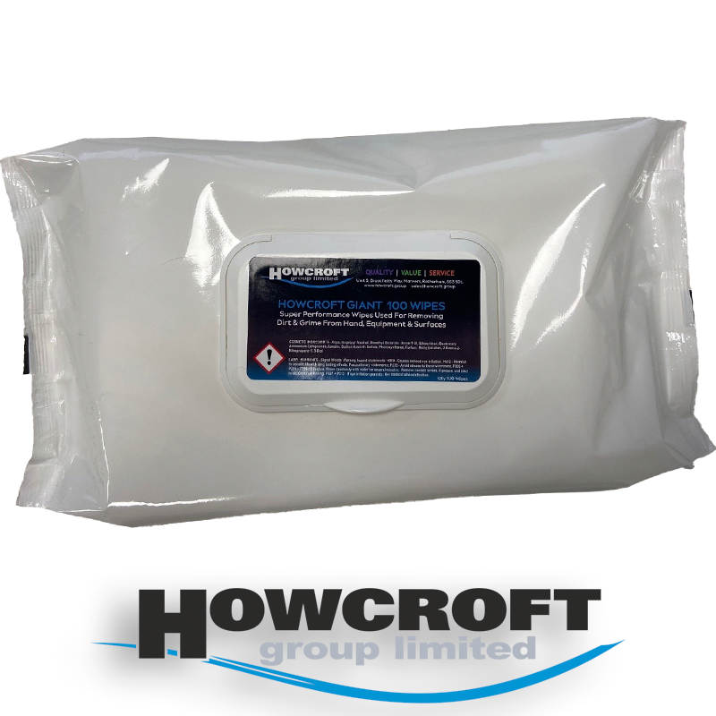 Howcroft Giant 100 Wipes - Super Performance Used For Removing Dirt & Grime From Hand, Equipment & Surfaces