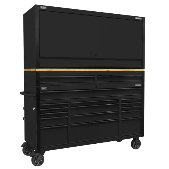 Sealey AP6215BECOMBO1 Custom Workshop Mobile Trolley with Wooden Worktop 15 Drawer, Hutch & 2 Drawer Riser 1549mm