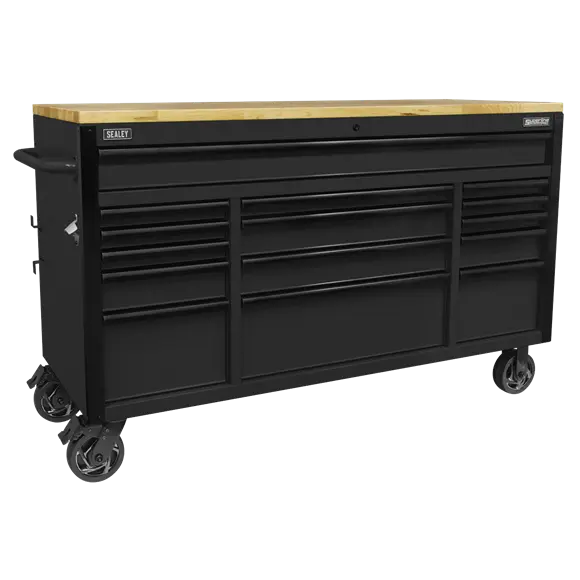 Sealey AP6215BE Custom Modular Workshop Mobile Trolley with Wooden Worktop 15 Drawer 1549mm