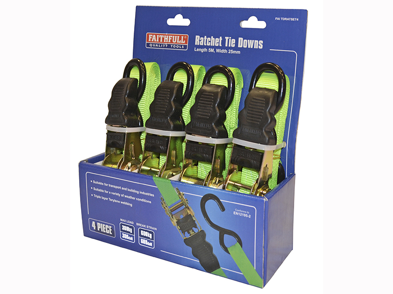 Ratchet Tie-Downs 5m x 25mm Green 4 Piece