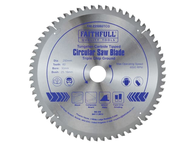 TCT Circular Saw Blade Triple Chip Ground 250 x 30mm x 60T NEG