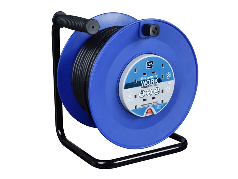 Heavy-Duty Cable Reel 240V 13A 4-Socket Thermal Cut-Out 50m