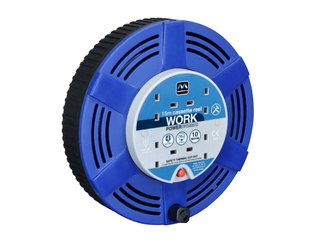 Cassette Cable Reel 240V 10A 4-Socket Thermal Cut-Out Blue 15m