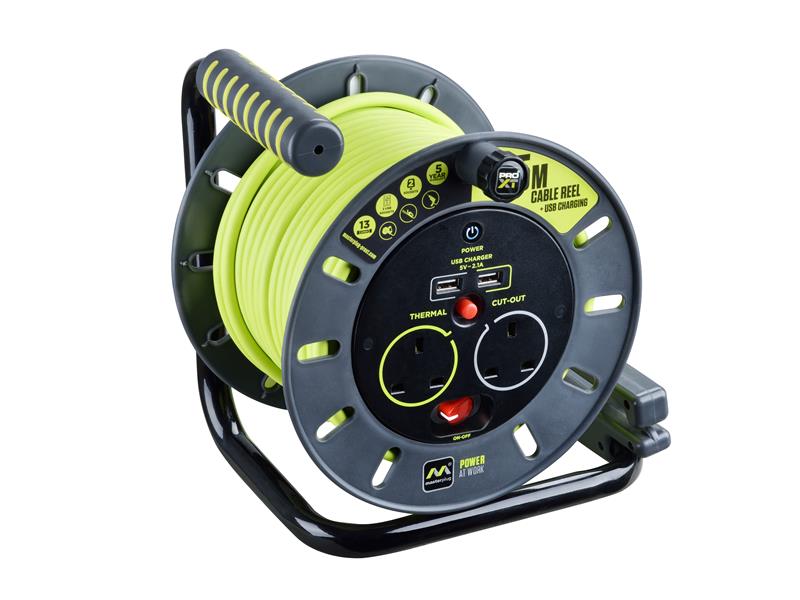 PRO-XT Open Cable Reel 240V 13A 2-Socket & 2 USB (2.1A Shared) 25m