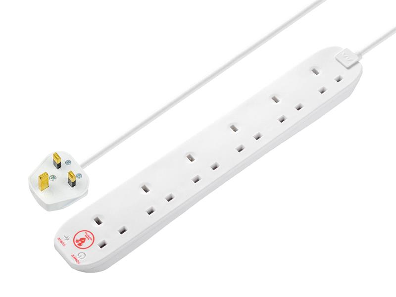 Extension Lead 240V 6-Gang 13A White Surge Protected 2m