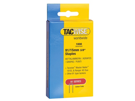 [TAC0283] 91 Narrow Crown Staples 15mm - Electric Tackers (Pack 1000)