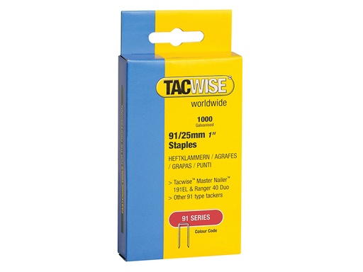 [TAC0285] 91 Narrow Crown Staples 25mm - Electric Tackers (Pack 1000)