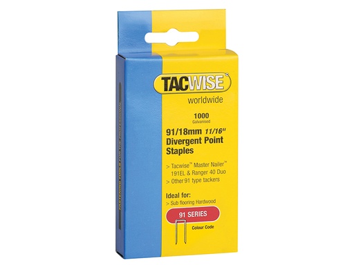 [TAC0287] 91 Narrow Crown Divergent Point Staples 18mm - Electric Tackers (Pack 1000)