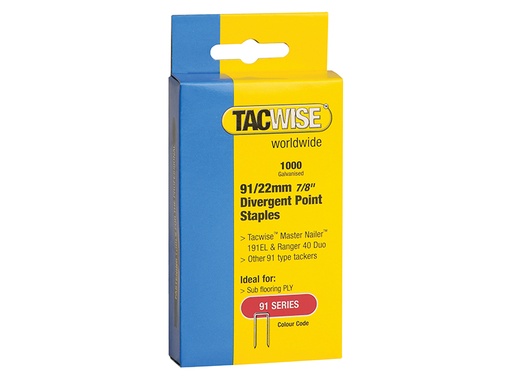 [TAC0288] 91 Narrow Crown Divergent Point Staples 22mm - Electric Tackers (Pack 1000)