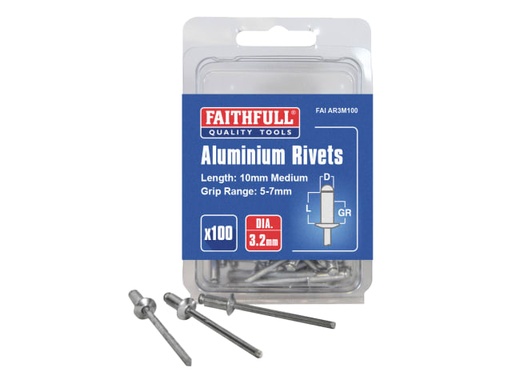 [FAIAR3M100] Aluminium Rivets 3.2 x 10mm Medium Pre-Pack of 100