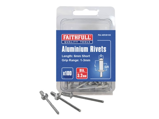 [FAIAR3S100] Aluminium Rivets 3.2 x 6mm Short Pre-Pack of 100