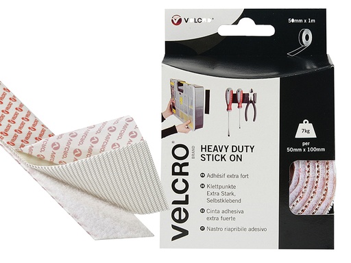 [VEL60242] VELCRO® Brand Heavy-Duty Stick On Tape 50mm x 1m White