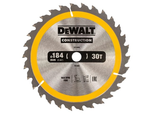 [DEWDT1940QZ] Portable Construction Circular Saw Blade 184 x 16mm x 30T