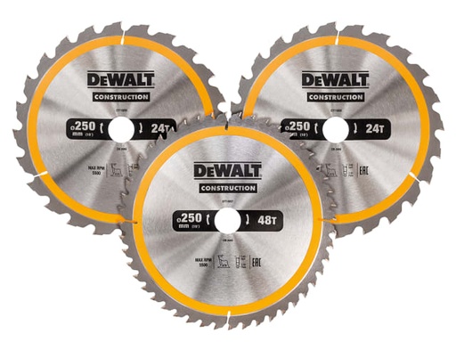 [DEWDT1963QZ] DT1963 Construction Circular Saw Blade 3 Pack 250 x 30mm x 24T/48T