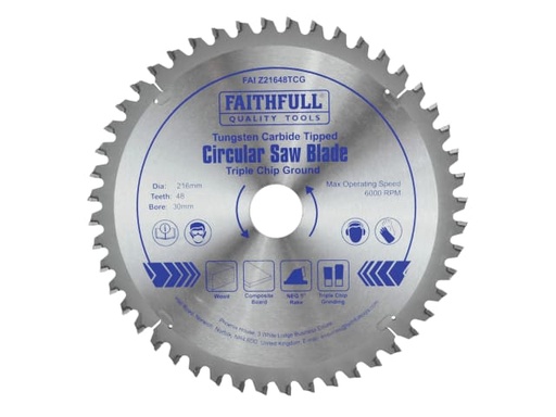 [FAIZ21648TCG] TCT Circular Saw Blade Triple Chip Ground 216 x 30mm x 48T NEG