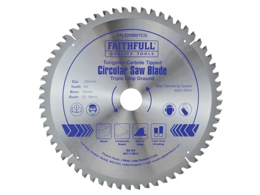 [FAIZ25060TCG] TCT Circular Saw Blade Triple Chip Ground 250 x 30mm x 60T NEG