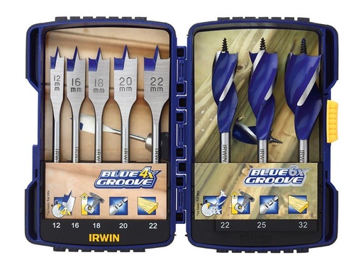 [IRW10507593] Blue Groove Auger & Flat Drill Bit Set, 8 Piece