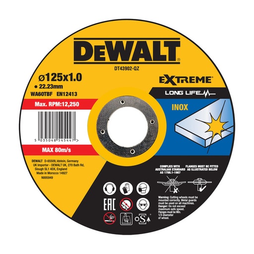 [DEWDT43902-QZ] DeWalt Thin Cutting Metal 125mmx1mmx22.23mm - Inox