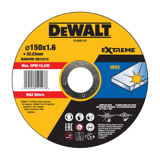 [DEWDT43907-QZ] DeWalt Thin Cutting Metal 150mmx1.6mmx22.23mm - Inox