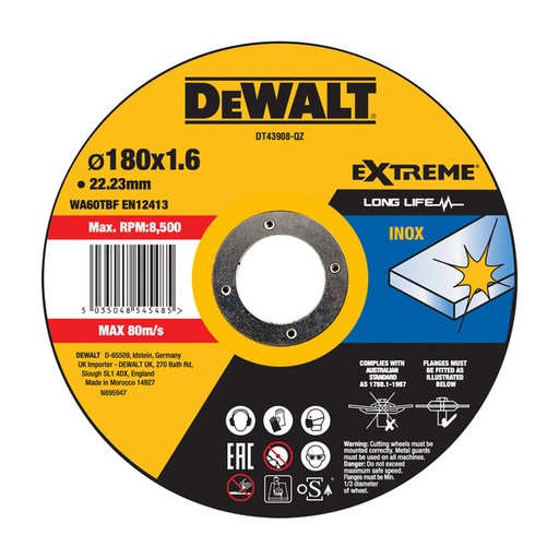 [DEWDT43908-QZ] DeWalt Thin Cutting Metal 180mmx1.6mmx22.23mm - Inox