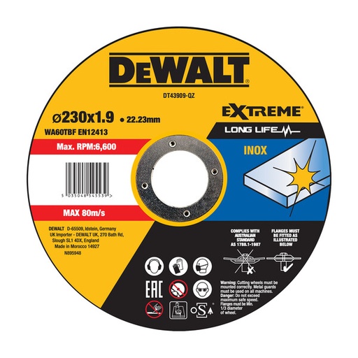 [DEWDT43909-QZ] DeWalt Thin Cutting Metal 230mmx1.9mmx22.23mm - Inox