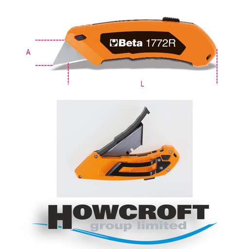 [1772R] Beta Tools 1772R Utility knife with retractable trapezoidal blade, supplied with 5 blades