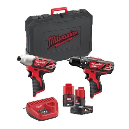 [M12 BPP2B-421C] Milwaukee M12 BPP2B-421C 4933446607 M12™ powerpack 240v Cordless Sub Compact Percussion Drill + Sub Compact 1/4" Hex Impact Driver + 2x 4.0 AH Battery + M12™ Charger + Kitbox